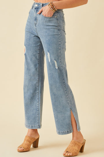 HY6153 Light Denim Womens Side Slit Distressed Bootcut Stretch Denim Side